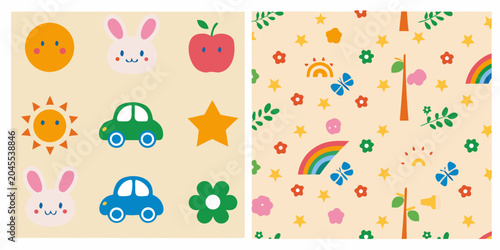 Foto Childlike Illustration Pattern With Sun Rabbit Car And Floral Elements
