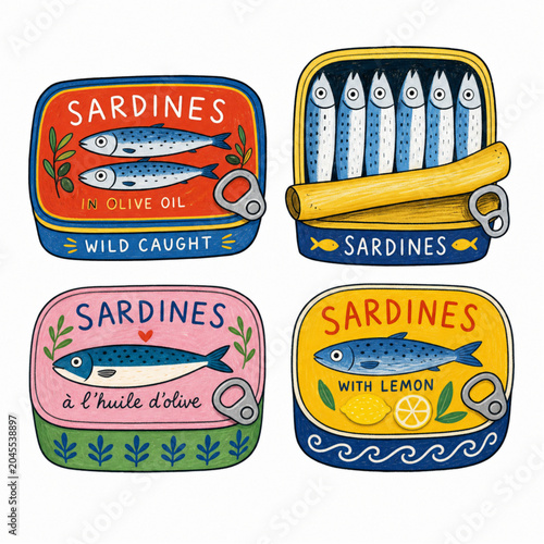 Canned Sardines Seafood Vector Icon Set