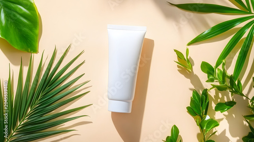 Cosmetic tube, tropical leaf, beige background, studio layout, matte packaging, natural shadow, skin care product with green foliage flat lay