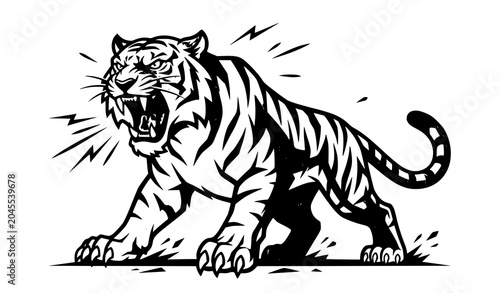Photography Roaring Tiger Illustration in Vintage Engraving Style, Wild Animal Black and Whi