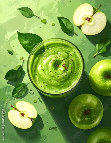 A vibrant, close-up digital illustration showcases a green smoothie in a glass surrounded by apples and leaves on a green surface