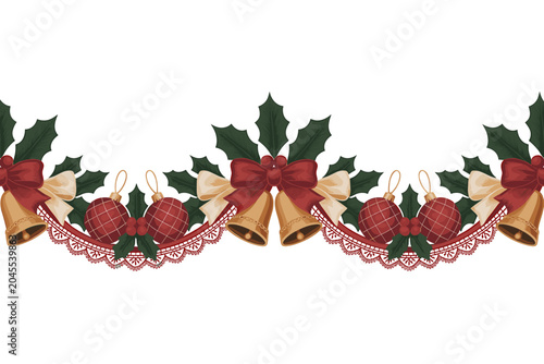 Christmas Decoration Border with Holly and Bells Vector illustrations On White Background.