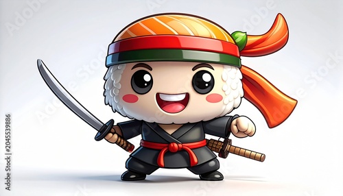 A funny sushi ninja sticker mascot with dramatic action pose and tiny katana in hand