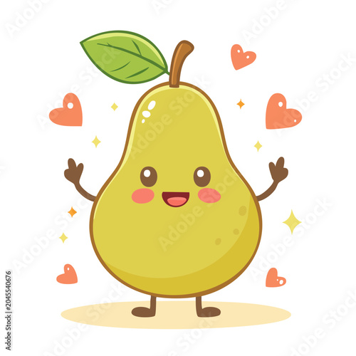 Cute kawaii pear character with hearts and sparkles