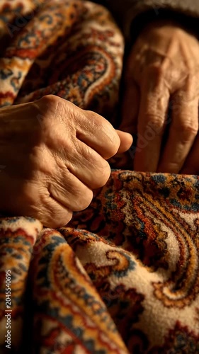 Wrinkled elderly hands resting on a traditional patterned blanket.