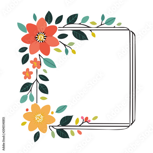 Floral corner frame with leaves and flowers on white background