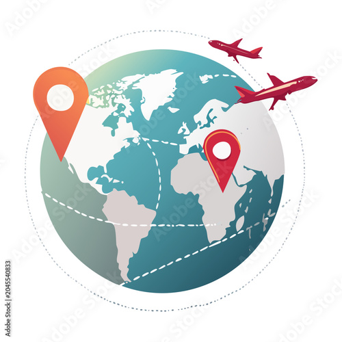 Globe with Airplanes and Location Pins
