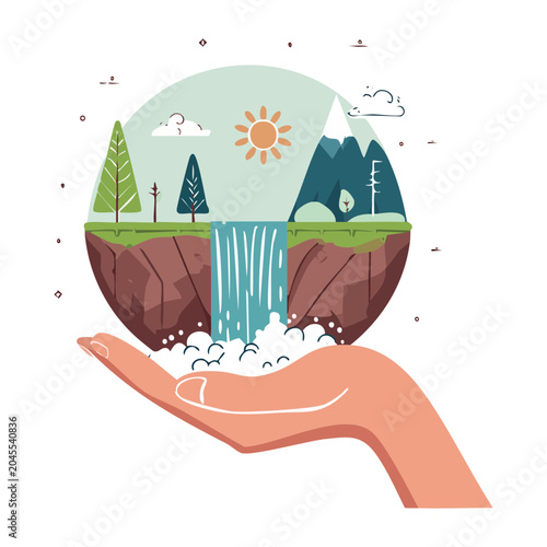 Hand holding a miniature landscape with waterfall and mountains
