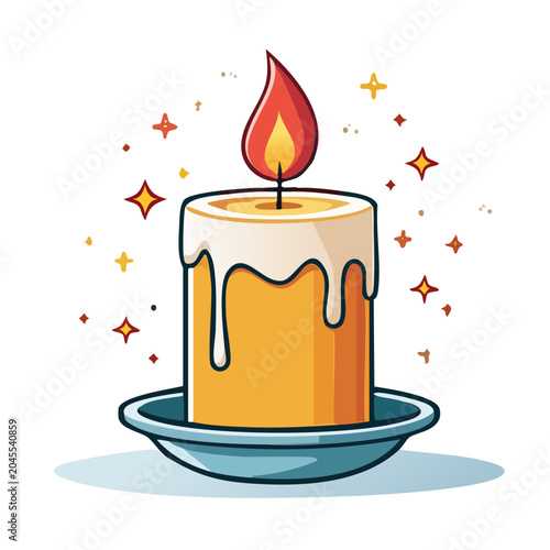 Lit candle with dripping wax and sparkling stars