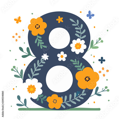 Number 8 decorated with flowers and butterflies