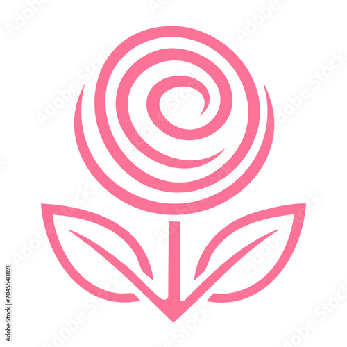 Pink rose icon with leaves on white background