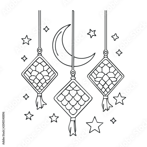 Outline illustration of ketupat, crescent moon and stars