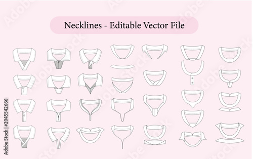 Fotografija Neckline Technical Flat Sketch Collection, Editable Vector Neckline Library for