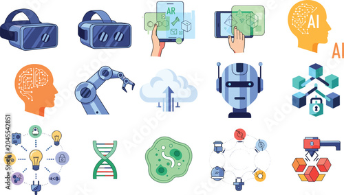 Artificial intelligence icons, robotics, virtual reality, augmented reality, cloud computing, biotechnology, blockchain security, vector illustration