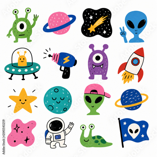 Schilderij op canvas Space Aliens and UFO Sticker Set - Extraterrestrial Monsters Rockets Stars Plane