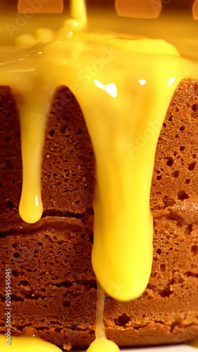 Yellow glaze pouring over a sponge cake surface.