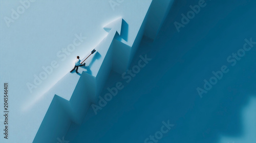 man hanging on falling arrow, minimalist blue 3D 