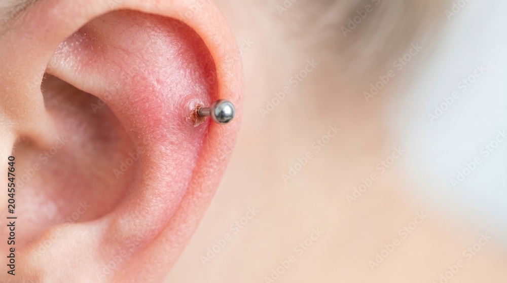Fototapeta premium Close Up Of Inflamed Earlobe Around Piercing Hole