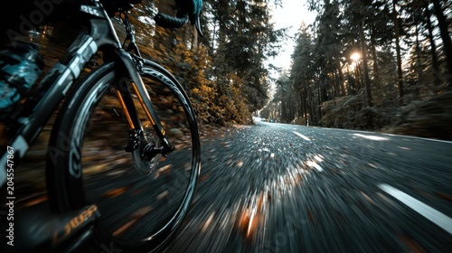 View of a bicycle riding down a road in the woods