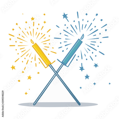 Two candles with fireworks and stars on white background
