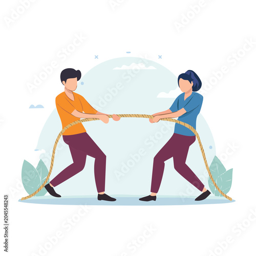 Two people playing tug of war in flat design style