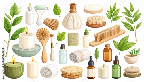 Luxury wellness lifestyle vector set featuring candles, essential oils, and yoga accessories