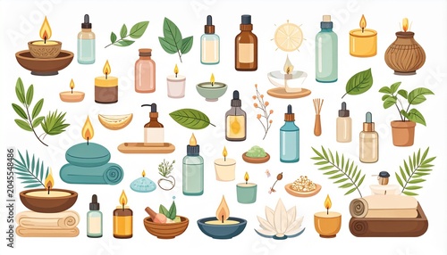 Luxury wellness lifestyle vector set featuring candles and essential oils for yoga and relaxation indoors