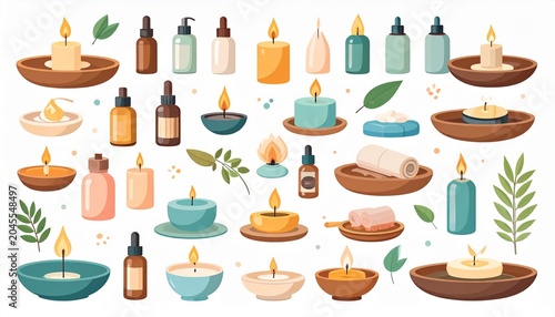 Luxury wellness lifestyle vector set featuring candles, essential oils, and yoga accessories for relaxation.