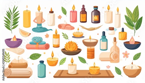 Luxury wellness lifestyle vector set featuring candles and essential oils