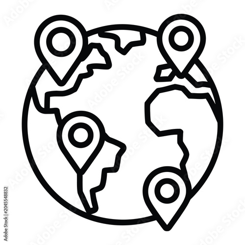 Global Location Pins Line Icon World Map Navigation Destination Marker Vector Symbol