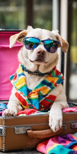 Dog Relaxing in Suitcase with Colorful Clothes - Ready for Vacation,