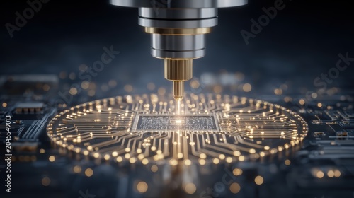 Advanced precision machine working on microchip with illuminated circuit board background
