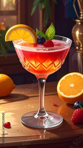 A vibrant, elegant cocktail with an orange slice garnish, adorned with berries. Sunlight illuminates the crystal glass on a wooden surface