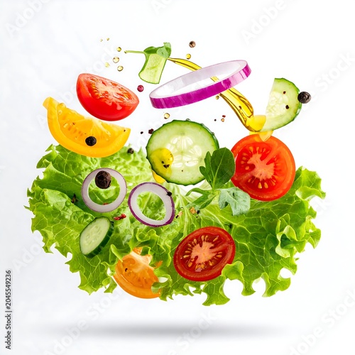 A vibrant culinary presentation shows assorted salad ingredients mid-air against white. Lettuce, tomatoes, onions, & cucumber, with oil