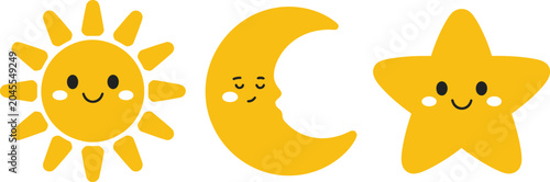 Sun, moon, star icon set, cute smiling sun and sleeping moon cartoon characters on white background vector design