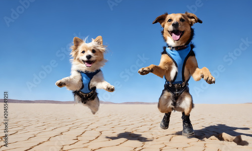 Two funny dogs wearing shoes playing on beach. Playful pets jumping. Animals
