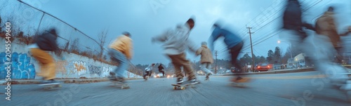 Several people are skateboarding down a street with graffiti on the walls