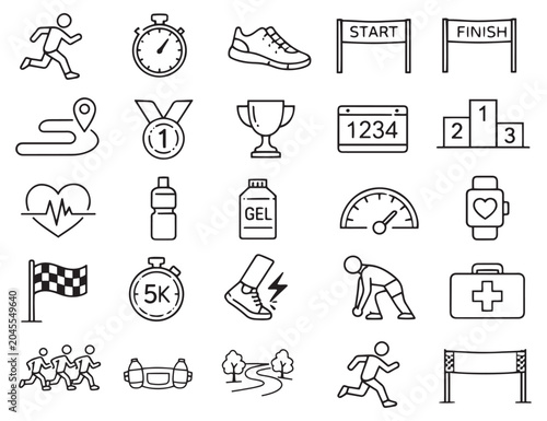 Canvastavla marathon running sport line icon set race tournament training fitness equipment