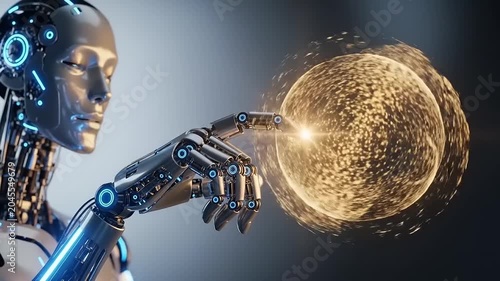 Robot touching glowing energy orb technology.