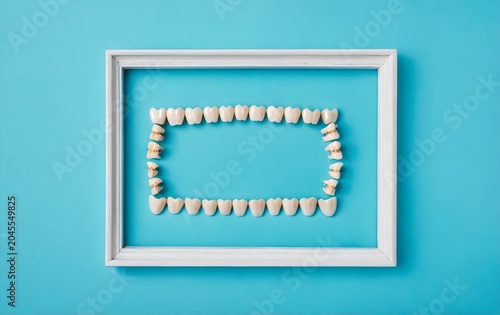 Dental model teeth on blue. Frame with copy space