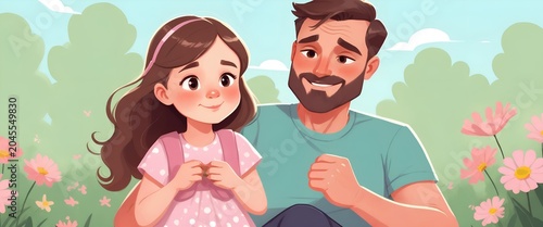 Father walking on nature with his little daughter.