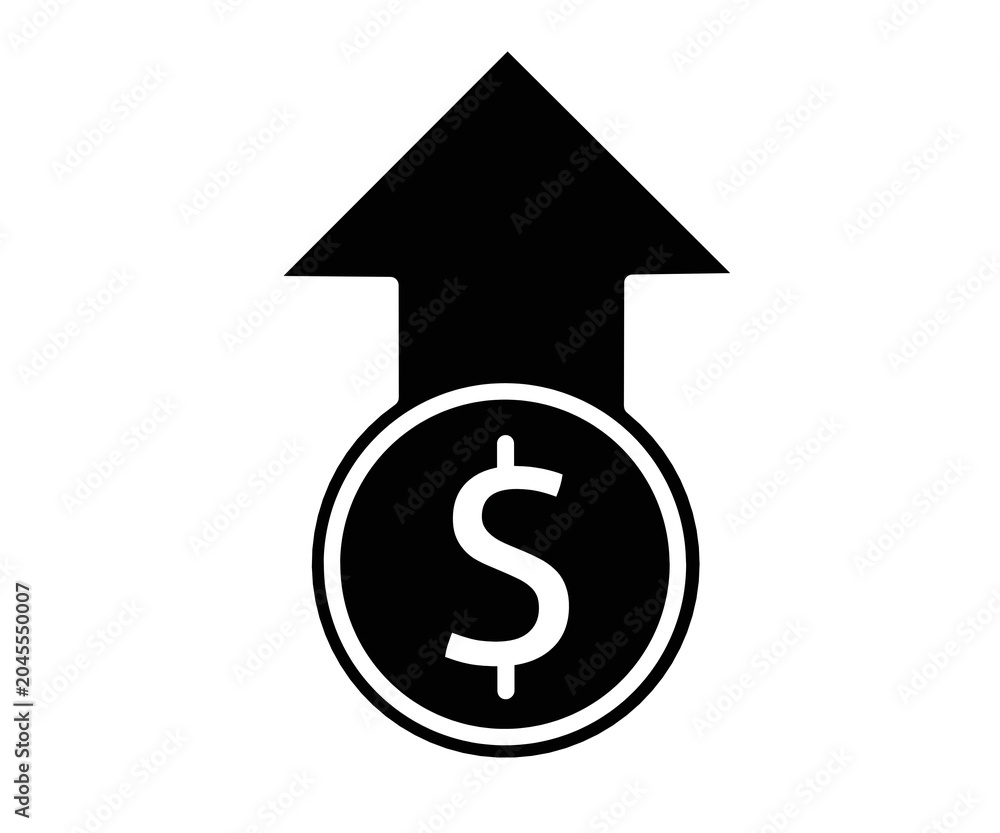 Obraz premium Arrow up dollar sillhouette icon,dollar arrow up black image,black arrow up dollar growth sign icon,dollar growth symbol icon, sillhouette arrow up dollar image 