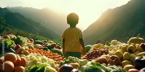 Child back view standing among mountains of fresh fruits and vegetables. Concept of children nutrition. Foods that lift immunity in kids Generative AI
