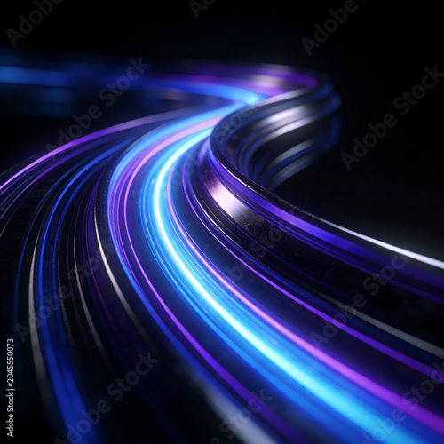 Luminous curved stripes with blue and violet glow creating dynamic motion effects