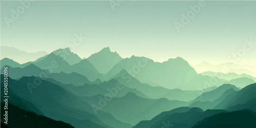 Fotografía Misty mountain range unfolds serene vista, layered peaks veiled ethereal haze, bathed soft, cool illumination