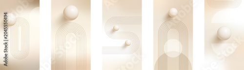 Collection of pastel gradient backgrounds with abstract 3D spheres, minimalist line arch compositions and boho aesthetics. Vertical 9x16 vector set for social media stories and modern branding
