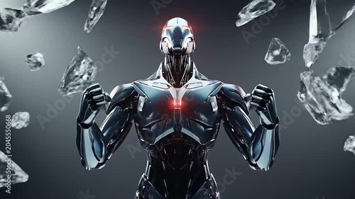 Robotic figure with glowing red eyes.
