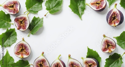 Fresh figs with green leaves on white. Top view, copy space for text.