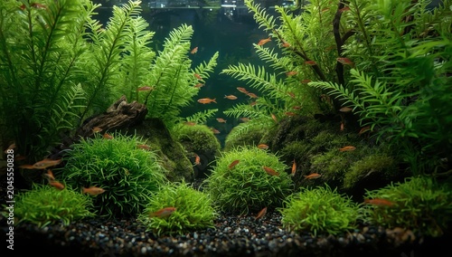 Vibrant neon tetra school swimming through a lush green planted freshwater aquascape with driftwood. Generative AI