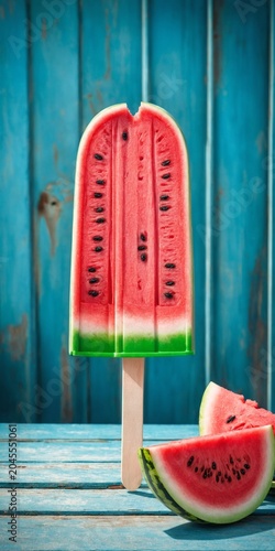 Watermelon slice popsicles displayed on a rustic blue wood background